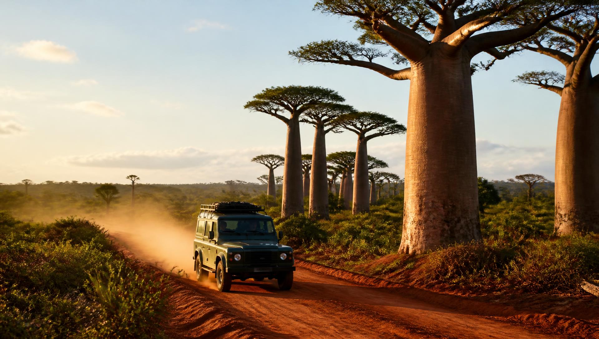 Green 4×4 driving a red-earth track through Madagascar's baobab avenue at golden hour